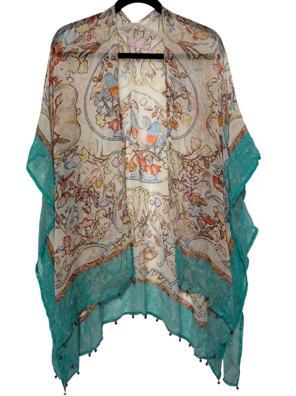 Soft Surroundings Sheer Crinkle Chiffon Kimono Tunic Topper Beaded Hem Teal L/XL